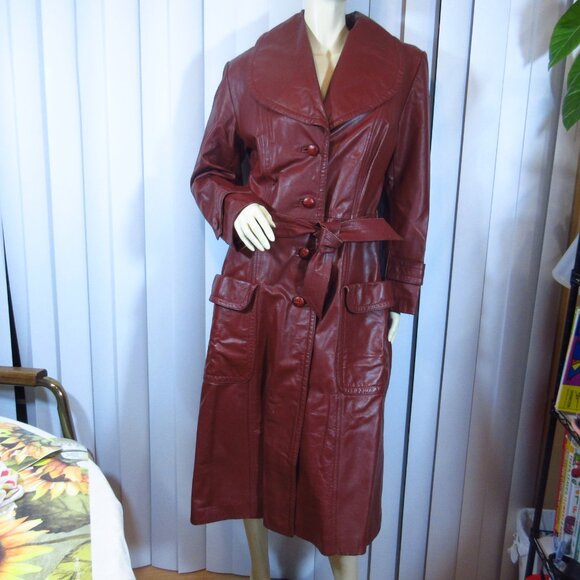 Vintage Genuine Leather Jacket Trench Coat S/Small Made in Korea Dark Red Maroon - Picture 2 of 16